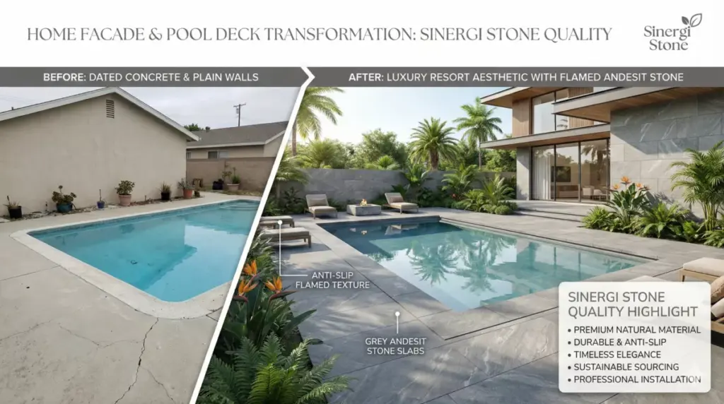 Transformasi fasad rumah dengan batu alam andesit kolam renang Sinergi Stone