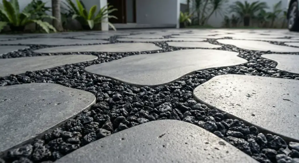 Andesit dengan garis koral sikat hitam carport tekstur kaya seperti sungai kecil.