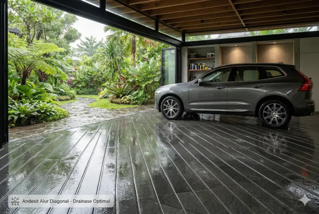 Foto realistis lantai garasi andesit alur diagonal fungsional drainase mobil modern