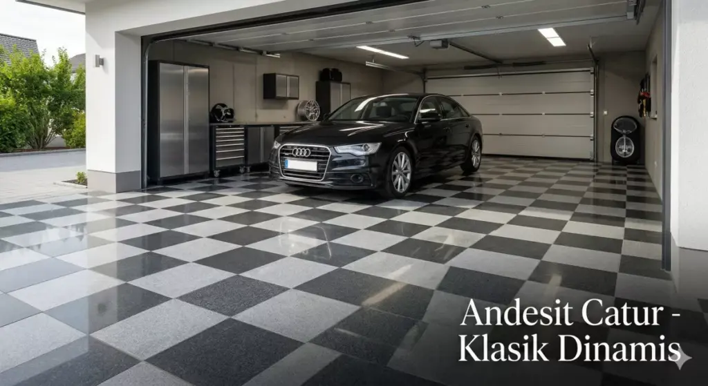 Foto lantai garasi andesit catur pola klasik dinamis abu gelap terang mobil