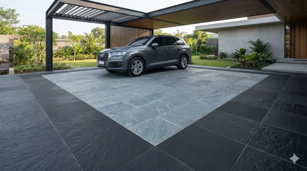 Lantai batu alam list border keramik kasar carport batas jelas industrial bersih.