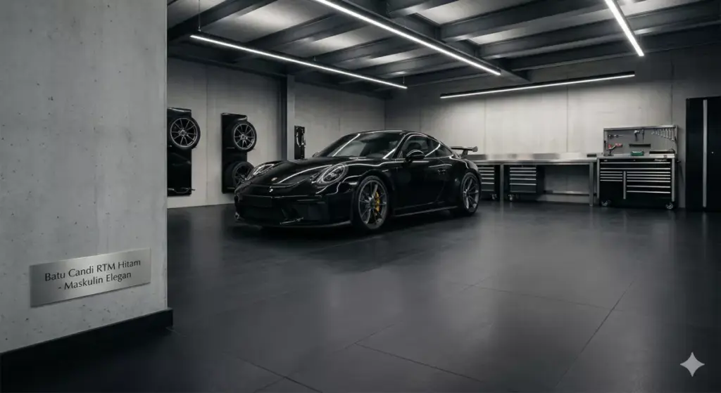 Foto lantai garasi batu candi RTM hitam maskulin halus mudah perawatan mobil