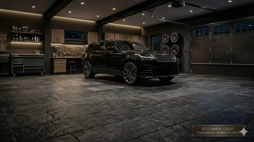 Foto realistis lantai garasi batu sabak slate gelap samarkan noda oli ban mobil