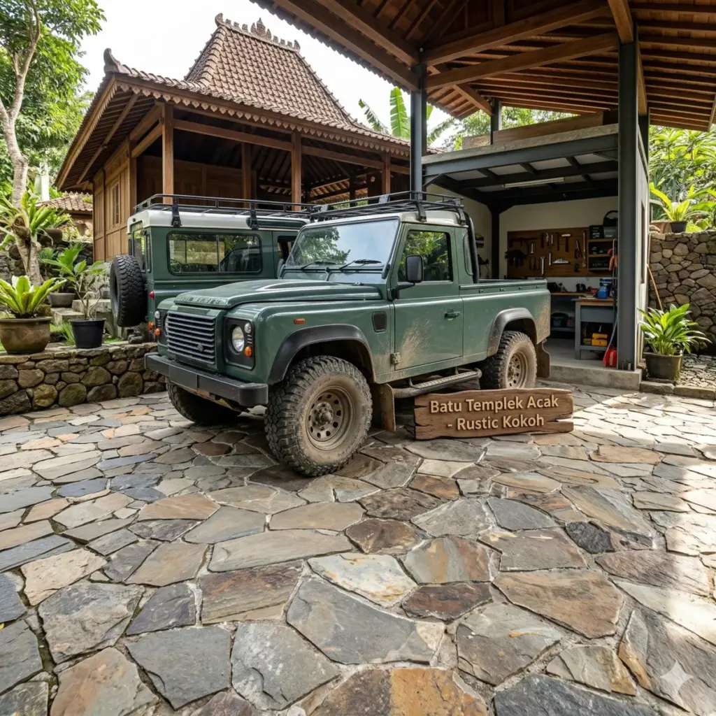 Foto lantai garasi batu templek susun acak rustic tahan lama modern tradisional