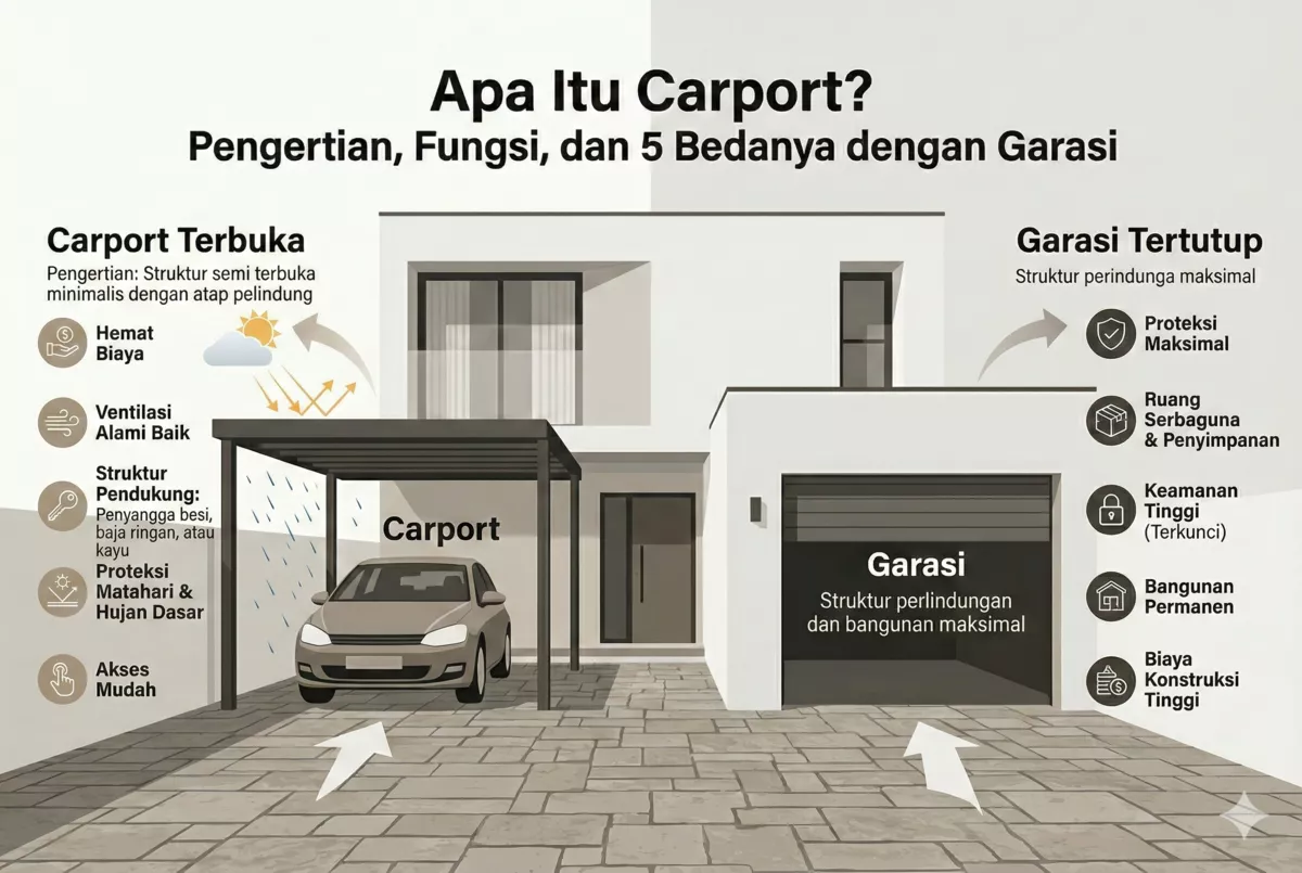 Infografis apa itu carport adalah, perbedaan carport dan garasi untuk rumah minimalis dengan 5 poin utama