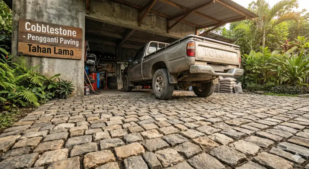 Foto realistis lantai garasi cobblestone tahan tinggi unik ganti paving block