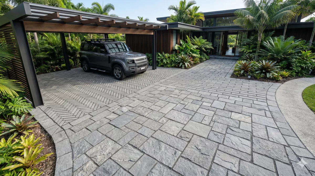 Fotografi realistis lantai carport batu alam andesit minimalis modern dengan 20 motif populer estetik.