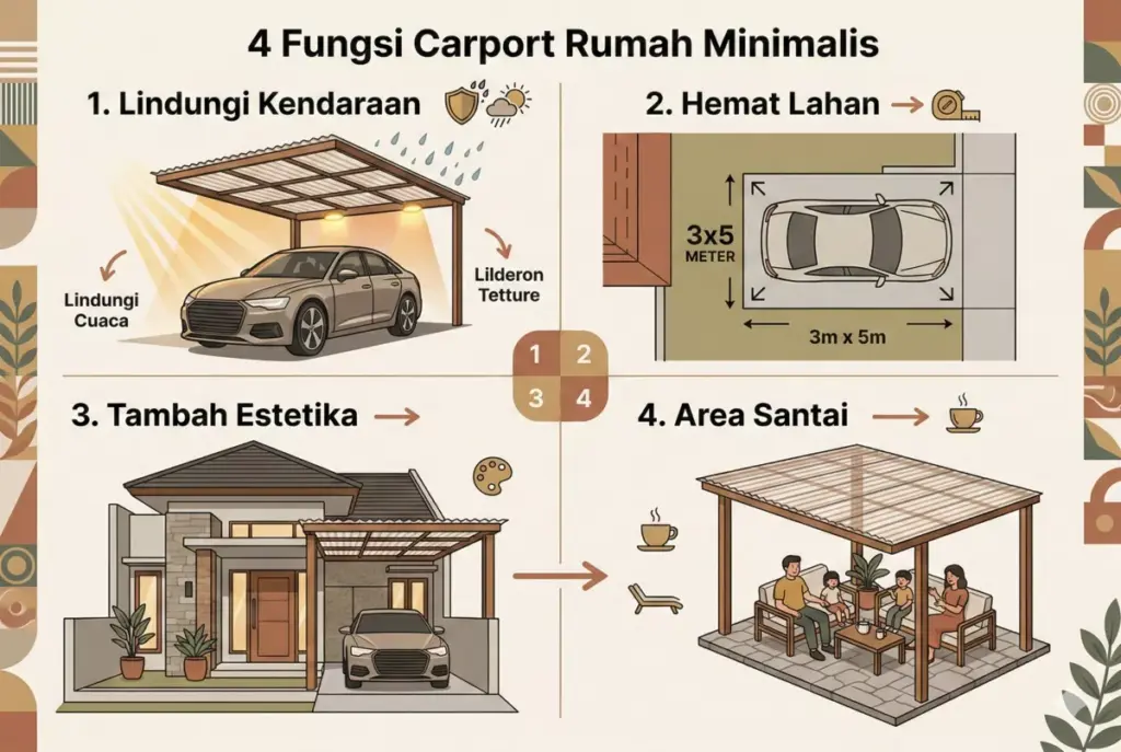 Infografis 4 fungsi carport: lindungi cuaca, hemat lahan, estetika, serbaguna rumah minimalis