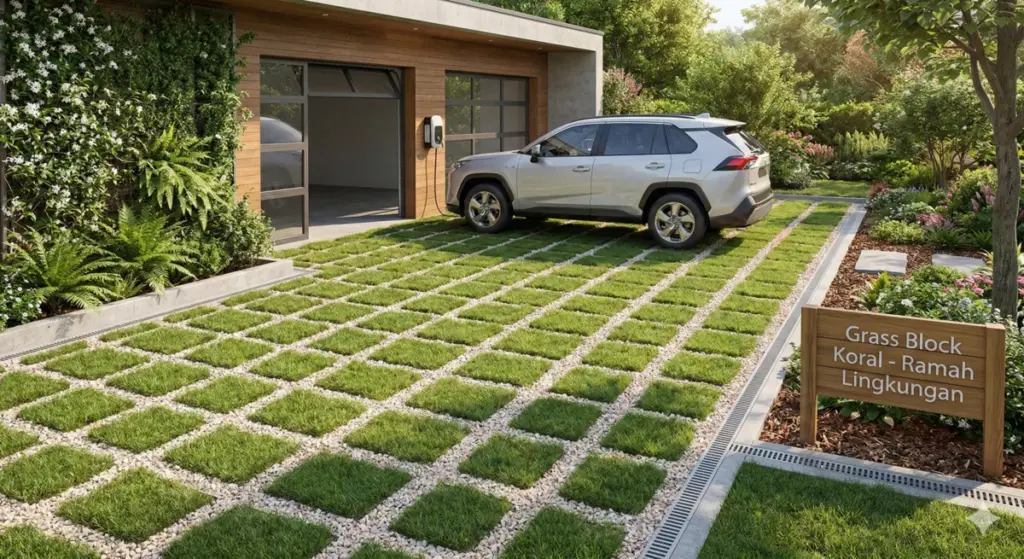 Foto lantai garasi grass block sela koral resapan air hijau ramah lingkungan