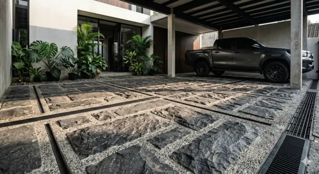 industrial raw lantai carport andesit kasar semen ekspos maskulin urban.