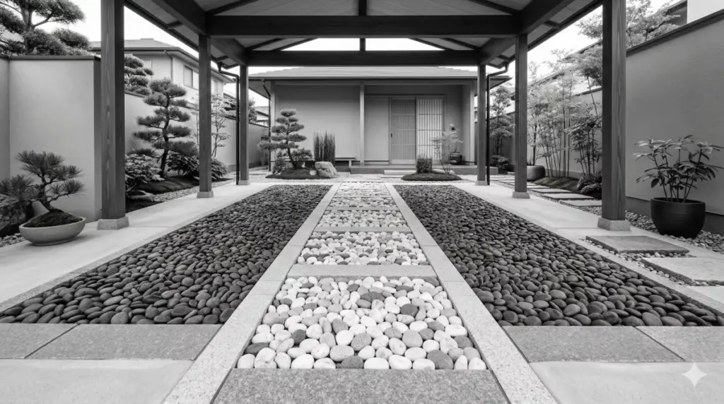 Japanese zen minimalist lantai carport monokrom tenang damai sederhana.