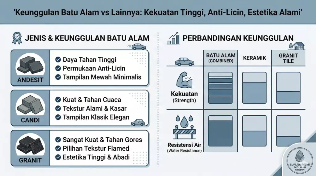 Infografis keunggulan batu alam andesit granit untuk lantai garasi mobil vs keramik