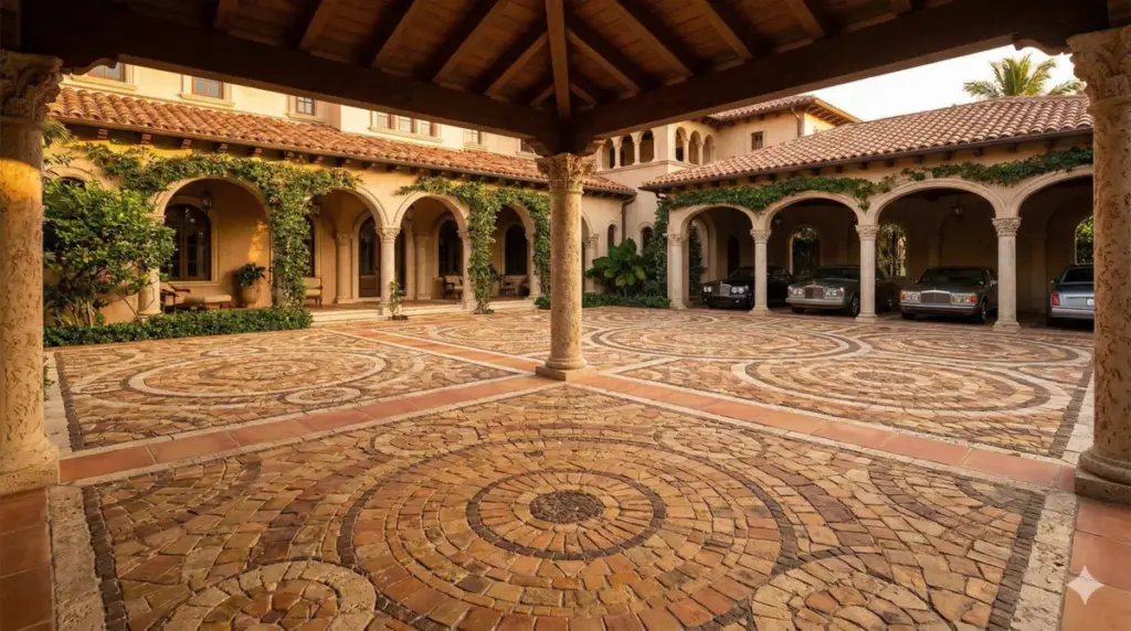 klasik Mediterania lantai carport earth tone melingkar megah hangat elegan.