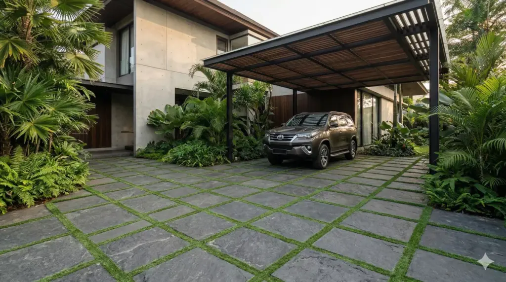 Andesit bakar dengan list rumput sintetis carport nuansa taman segar dingin.