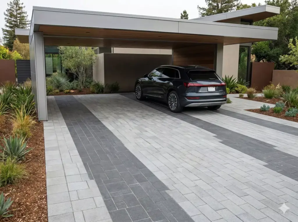 Kombinasi dua tone abu tua-muda batu andesit carport samarkan noda ban fungsional.