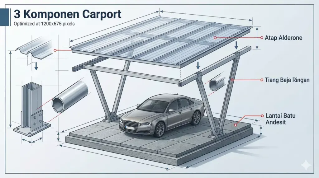 Infografis 3 komponen carport: rangka atap, tiang penyangga, lantai batu andesit tahan beban