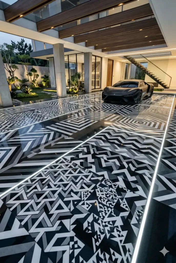 Tema kontemporer monokrom lantai carport hitam-putih-abu geometris futuristik mewah.