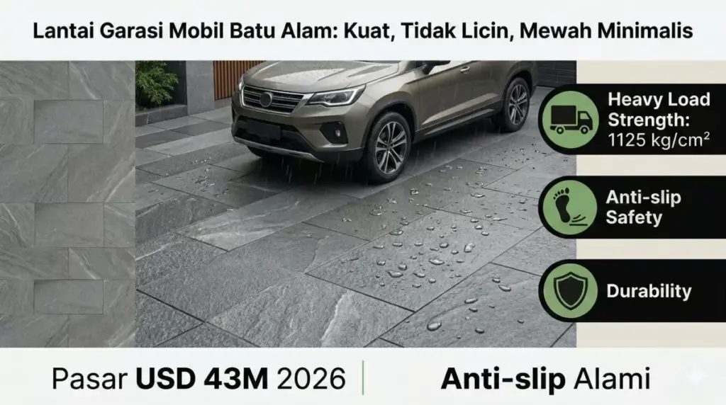 Infografis lantai garasi mobil batu alam andesit kuat tahan beban anti-slip mewah minimalis