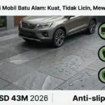 Infografis lantai garasi mobil batu alam andesit kuat tahan beban anti-slip mewah minimalis