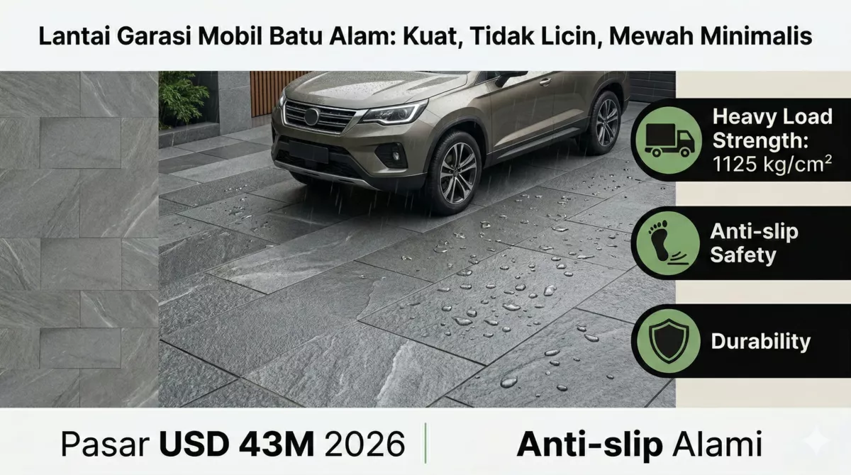 Infografis lantai garasi mobil batu alam andesit kuat tahan beban anti-slip mewah minimalis