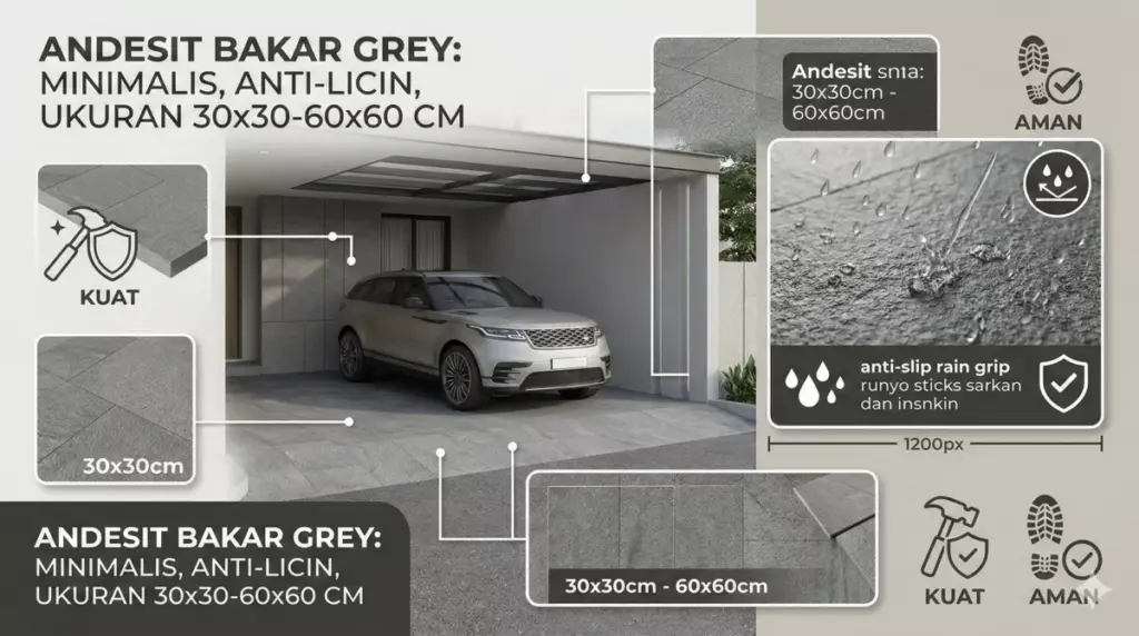 Foto realistis lantai garasi andesit bakar grey minimalis tahan licin dengan mobil SUV