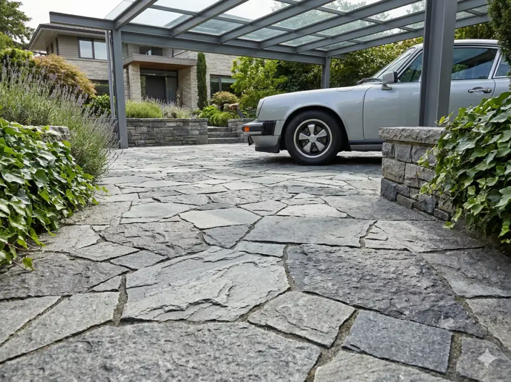 Motif acak random ashlar batu andesit carport natural santai seperti jalan setapak Eropa.