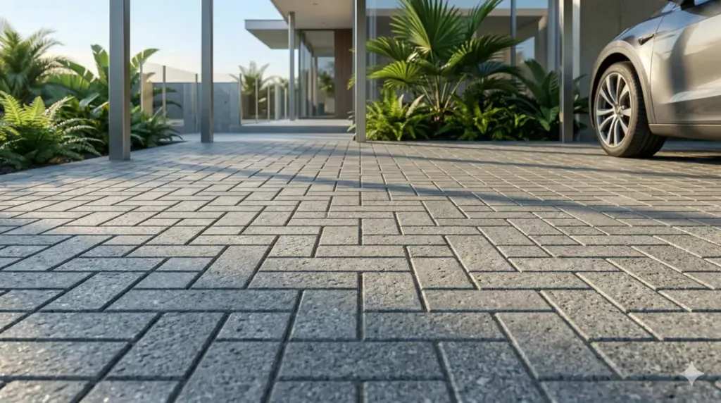 Motif anyaman basket weave batu andesit carport elegan dengan tekstur timbul artistik.