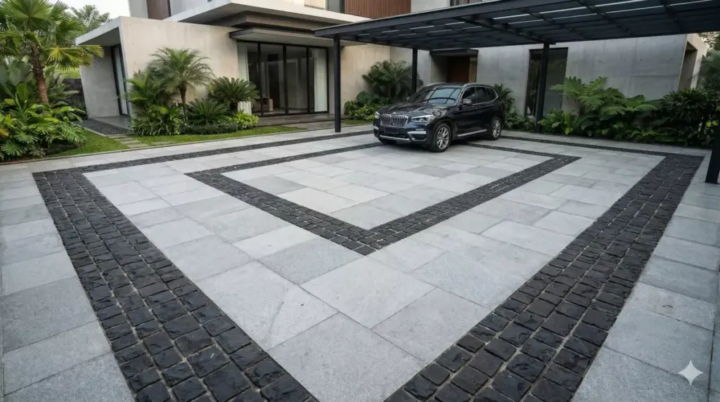 Motif bingkai border pattern batu andesit carport tegas terpusat seperti karpet batu.