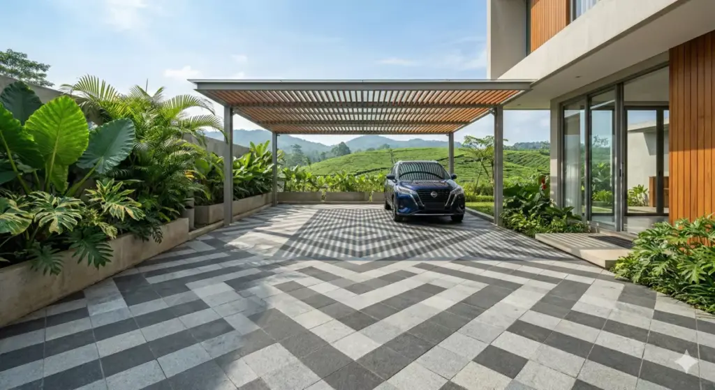 Motif diagonal dinamis 45 derajat batu andesit carport mematahkan kaku bangunan modern.