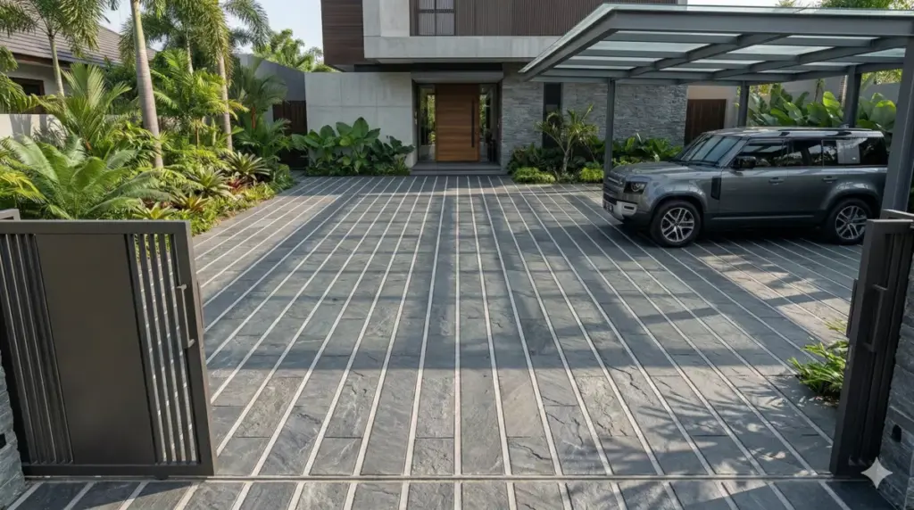 Motif garis linear vertikal batu andesit carport memanjangkan lahan secara visual rapi.