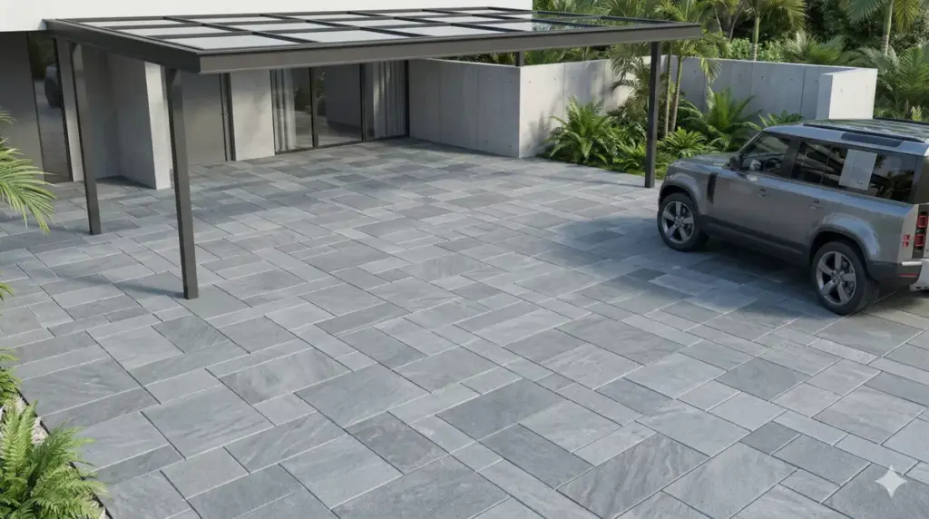 Motif moduler kombinasi 30x30 dan 30x60 batu andesit carport ritme unik geometris.