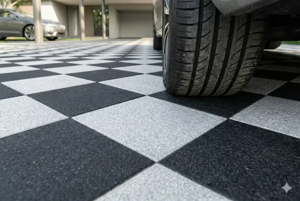 Motif papan catur checkerboard hitam-abu batu andesit carport kontras tajam menarik.