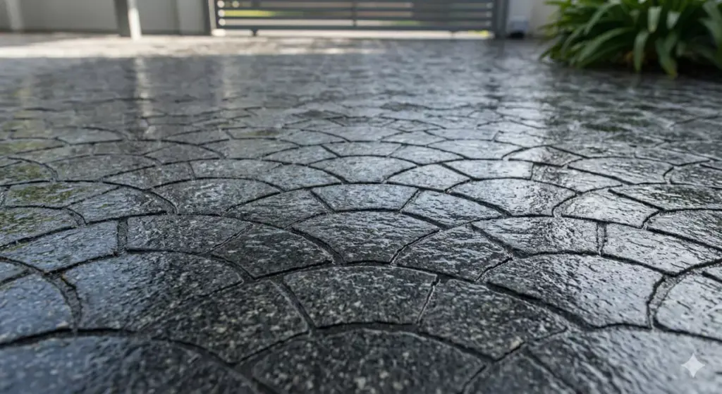 Motif sisik ikan fish scale melengkung batu andesit carport artistik berkilau hujan.