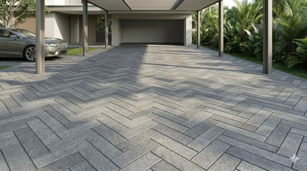 Motif tulang ikan herringbone batu andesit carport mewah dinamis memperluas ruang visual.
