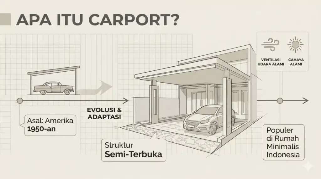 Infografis apa itu carport adalah, asal-usul sejarah, dan karakteristik struktur terbuka