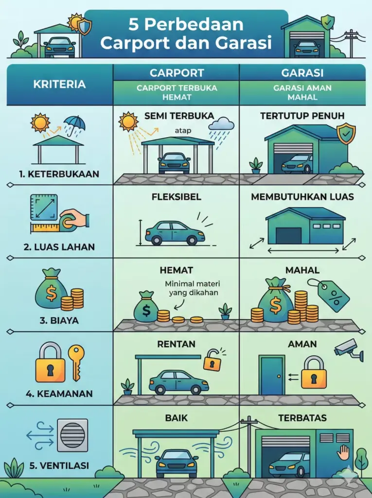 Infografis 5 perbedaan carport dan garasi: keterbukaan, biaya, keamanan, lahan, ventilasi