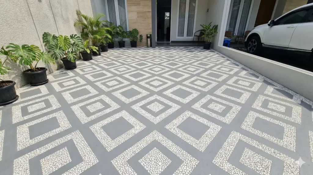 Pola geometris diagonal koral sikat putih-abu carport mozaik cerah ceria masuk rumah.
