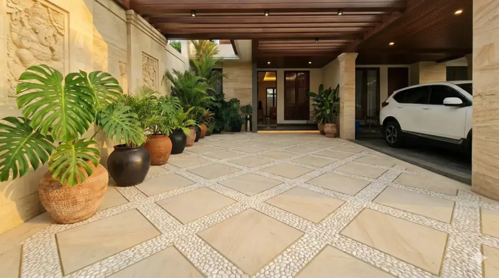 Tema tropical modern lantai carport batu krem monstera seperti resort Bali mewah.