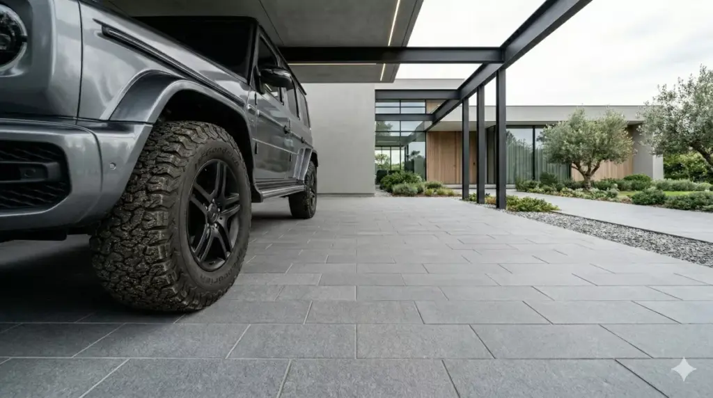 Lantai carport batu andesit flamed tahan beban SUV anti slip modern minimalis