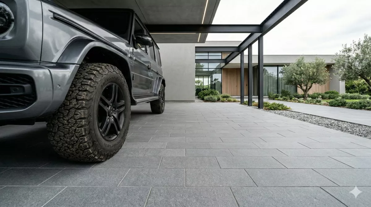 Lantai carport batu andesit flamed tahan beban SUV anti slip modern minimalis