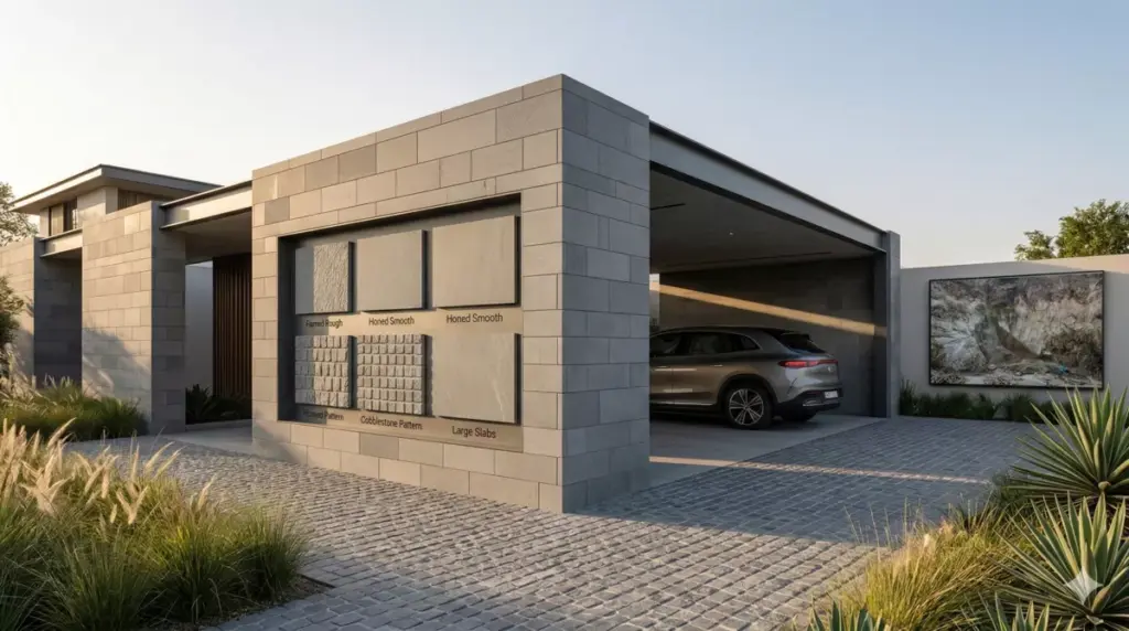 Berbagai finishing batu andesit flamed honed carport dari pabrik Sinergi Stone Cirebon