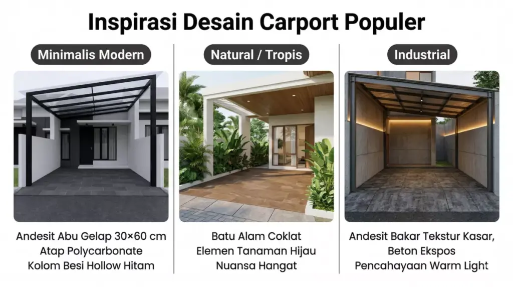 Tiga inspirasi desain carport populer: minimalis modern dengan andesit abu gelap, natural tropis, dan industrial dengan andesit bakar