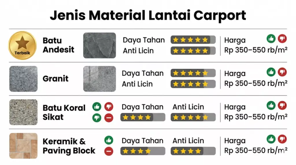 Perbandingan material lantai carport: batu andesit, granit, batu koral sikat, dan keramik paving block dengan rating daya tahan dan anti-licin