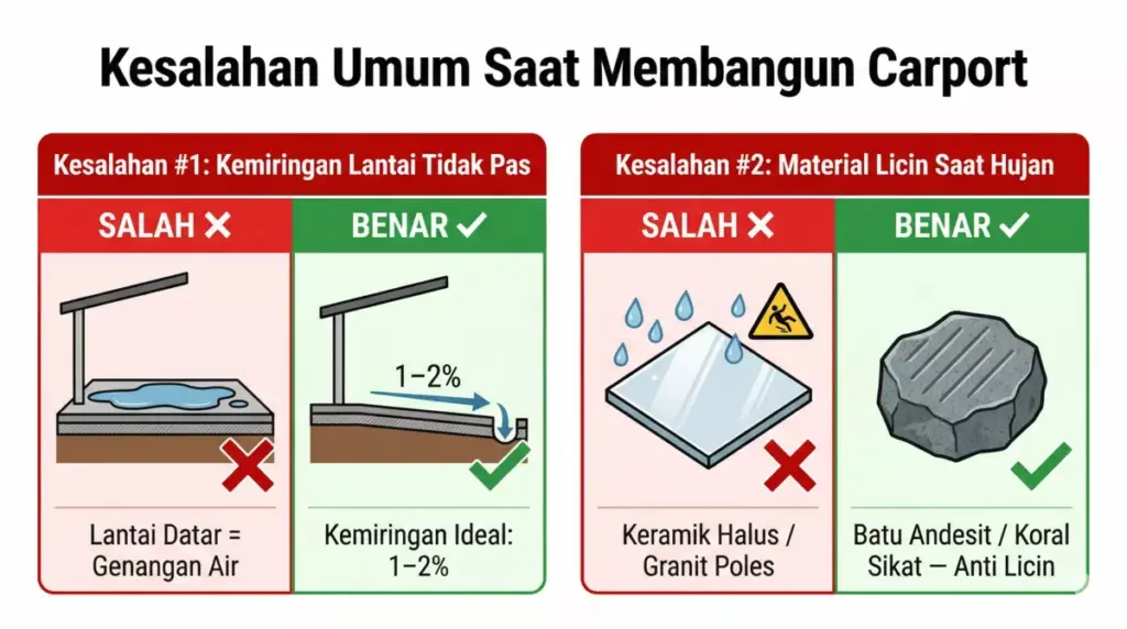 Infografis dua kesalahan carport: lantai tanpa kemiringan menyebabkan genangan dan material licin berisiko kecelakaan saat hujan