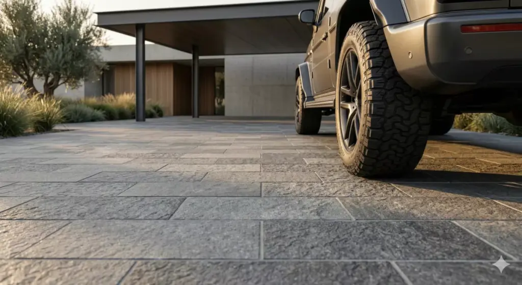 Batu andesit lantai carport tahan beban SUV MPV tekstur anti slip kokoh