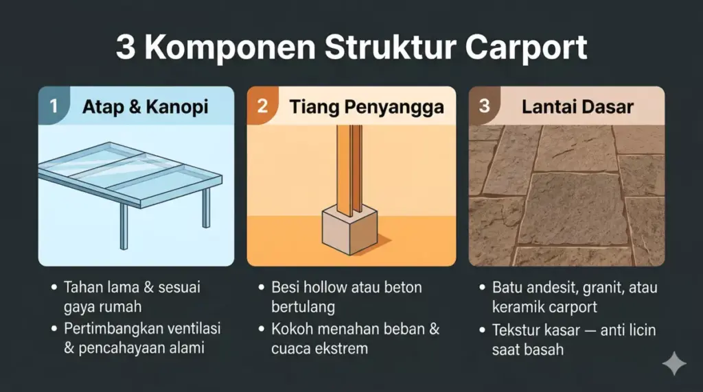Infografis tiga komponen struktur carport: atap dan kanopi polycarbonate, tiang penyangga besi hollow, dan lantai dasar batu andesit