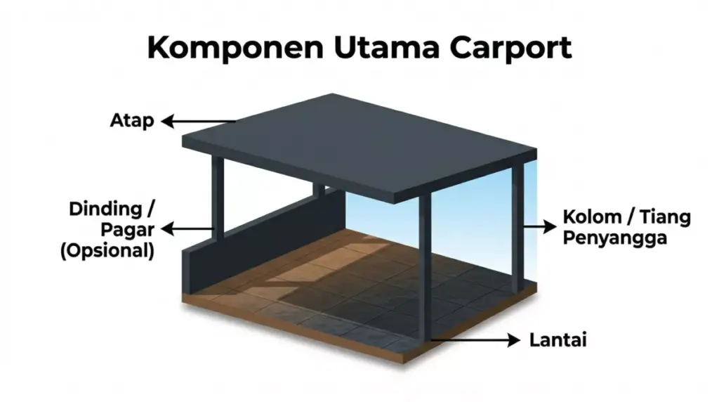 Diagram infografis komponen utama carport: lantai, atap, kolom penyangga, dan dinding opsional