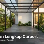 Carport modern minimalis lantai batu andesit abu gelap dengan atap polycarbonate dan kolom besi hitam