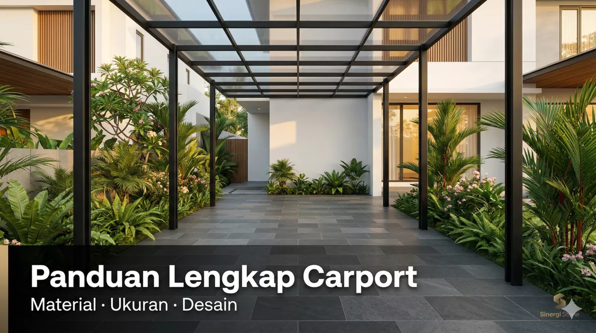 Carport modern minimalis lantai batu andesit abu gelap dengan atap polycarbonate dan kolom besi hitam