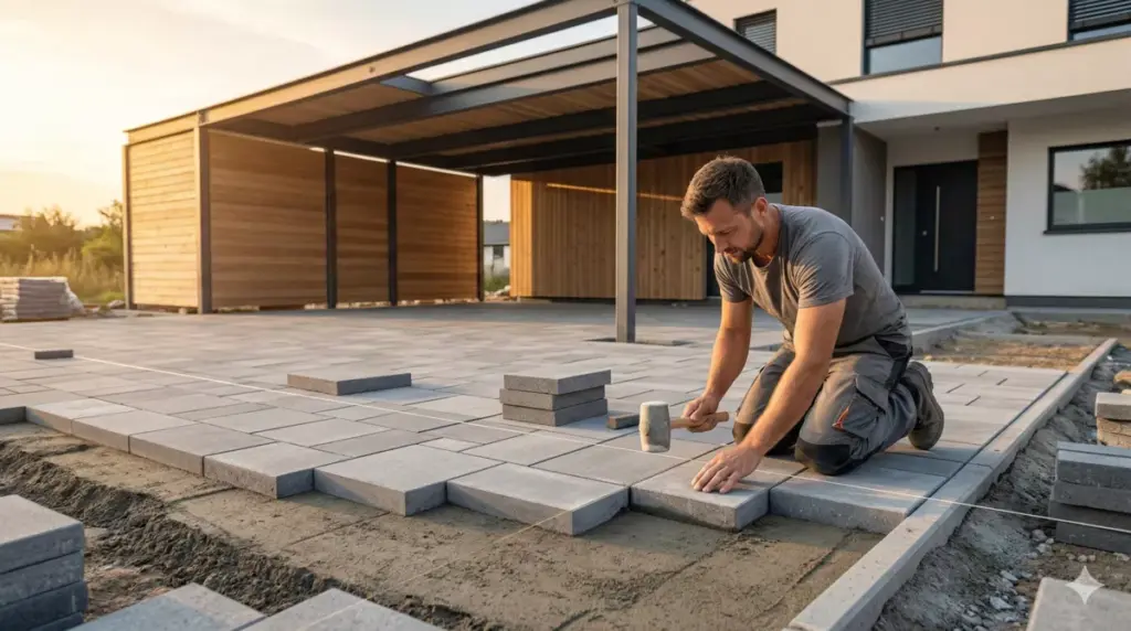 Teknik pemasangan batu andesit mortar padat carport stabil tahan ambles
